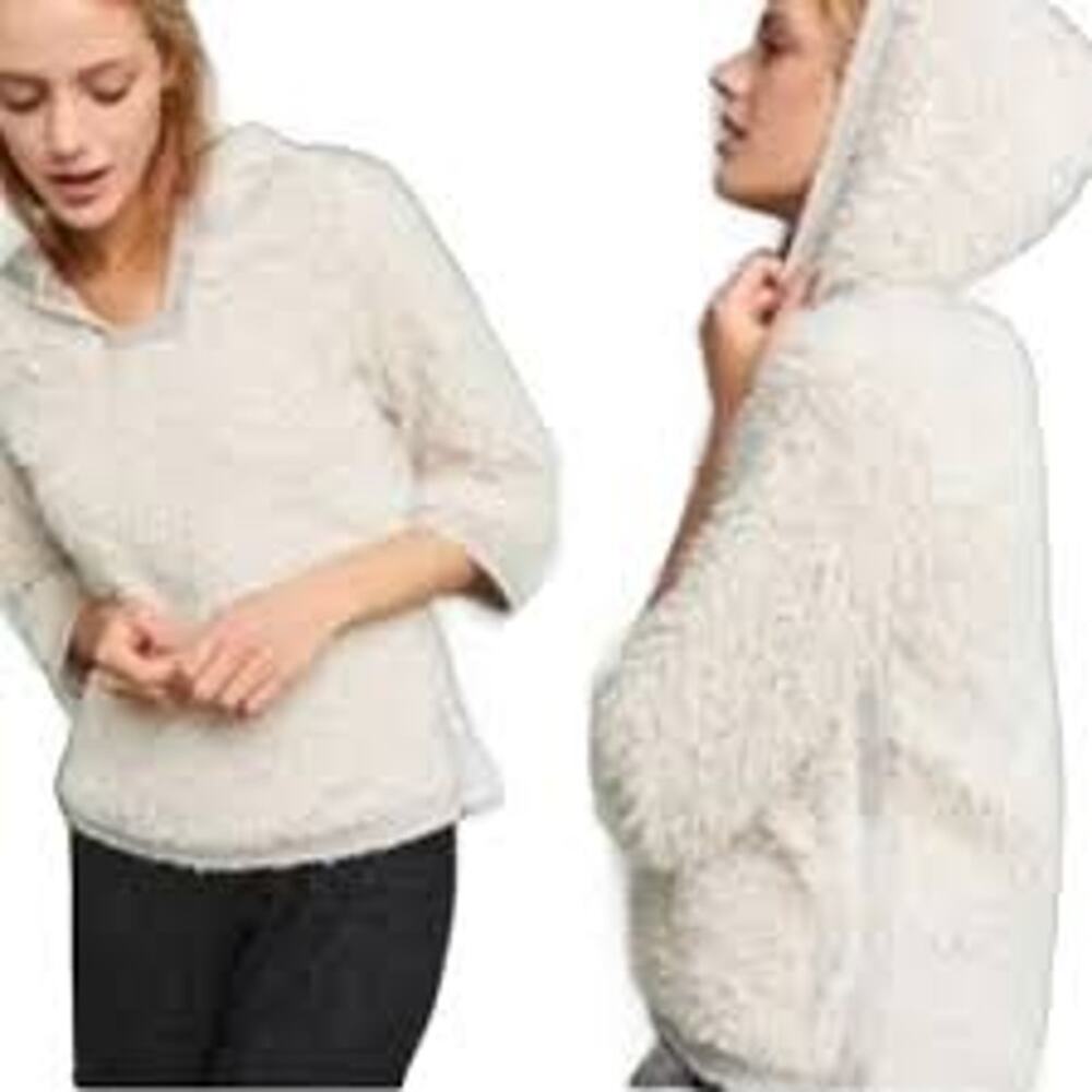 Anthropologie Akemi + Kin Hooded Sherpa Pullover Fleece Hoodie Ivory Gray Trim